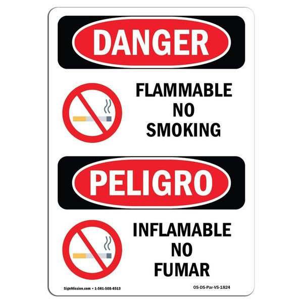 Signmission OSHA Sign, Flammable No Smoking Bilingual, 5in X 3.5in Decal, 10PK, 3.5" W, 5" L, Spanish, PK10 OS-DS-D-35-VS-1824-10PK